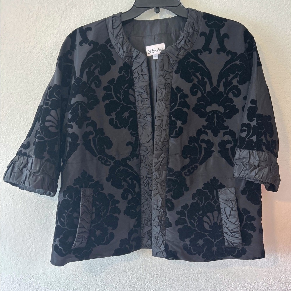 Gala Cocktail Black Flocked Damask Ruffle Trim Open‎ Front Jacket 3 Sisters SZ L